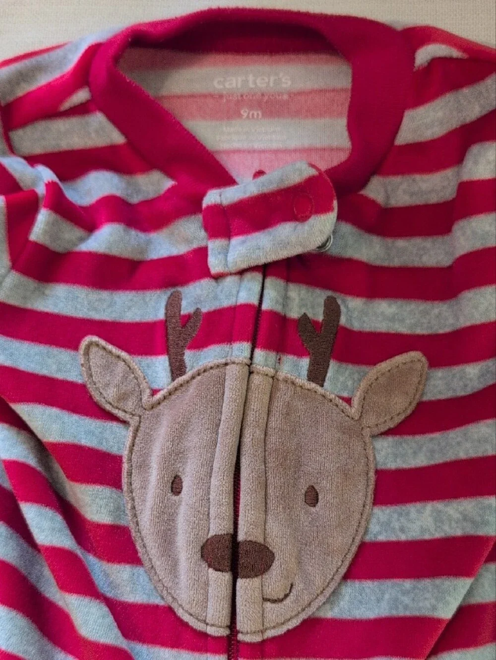 Pink & Gray Striped Kids One-Piece Footed Pajamas with Deer Applique